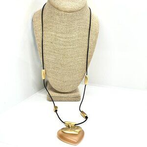 VINTAGE MODERNIST Heart Pendant Black Cord Necklace Gold Tone Resin Long